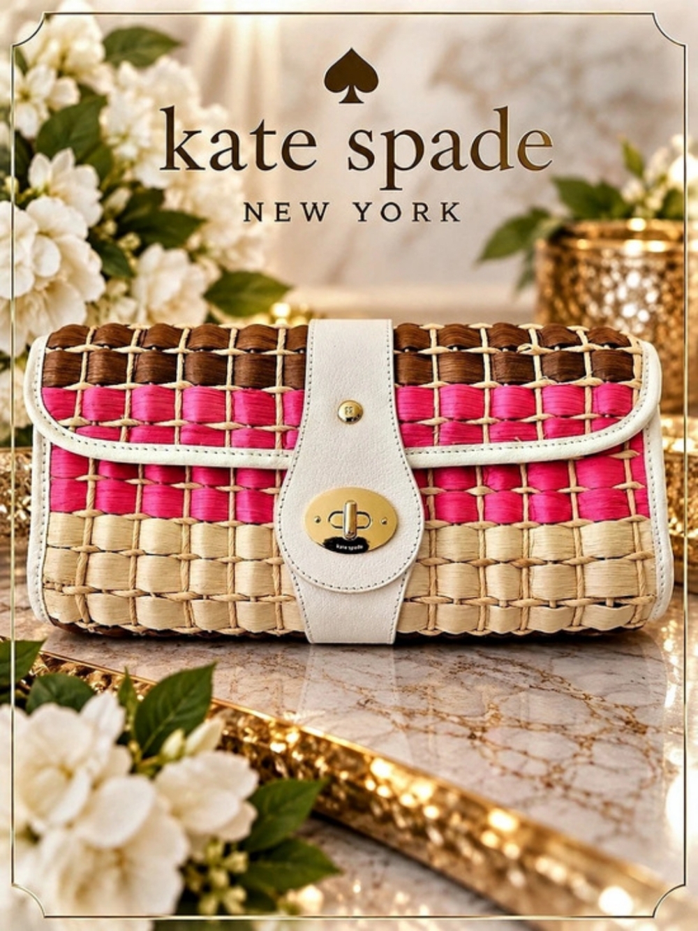 Kate Spade New York Woven Straw/Raffia Pink Colorblock Shoulder/Crossbody Bag